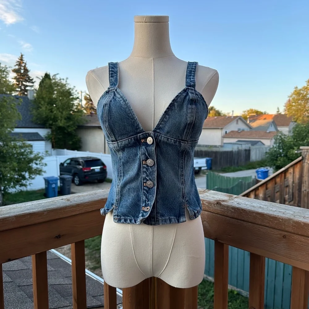 Women's Zara Blue Denim Vest Tank Top Smock Detail Women XS - Picture 2 of 12